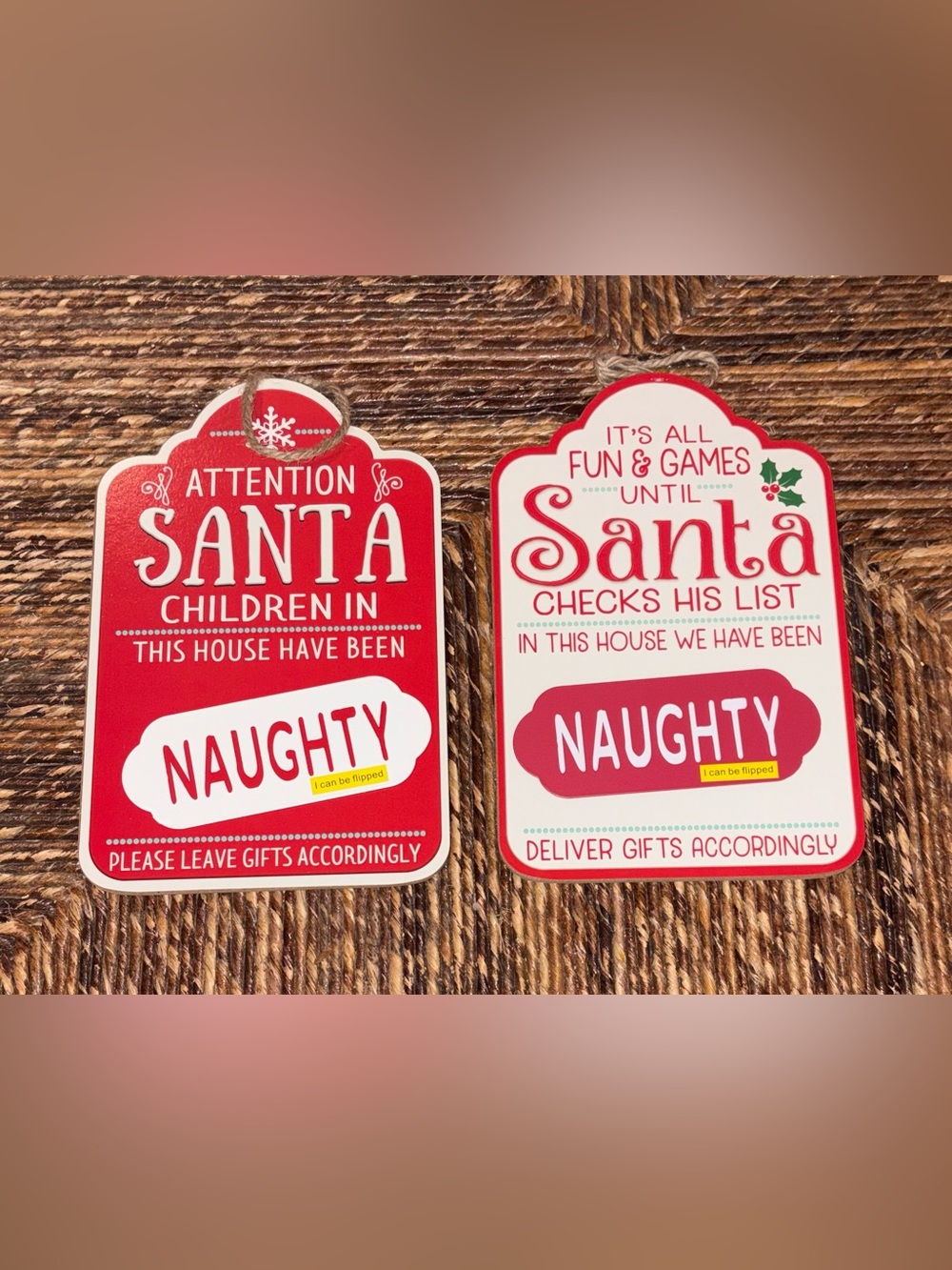 Set of Two Holiday Naughty or Nice Reversible Hanging Signs - NEW